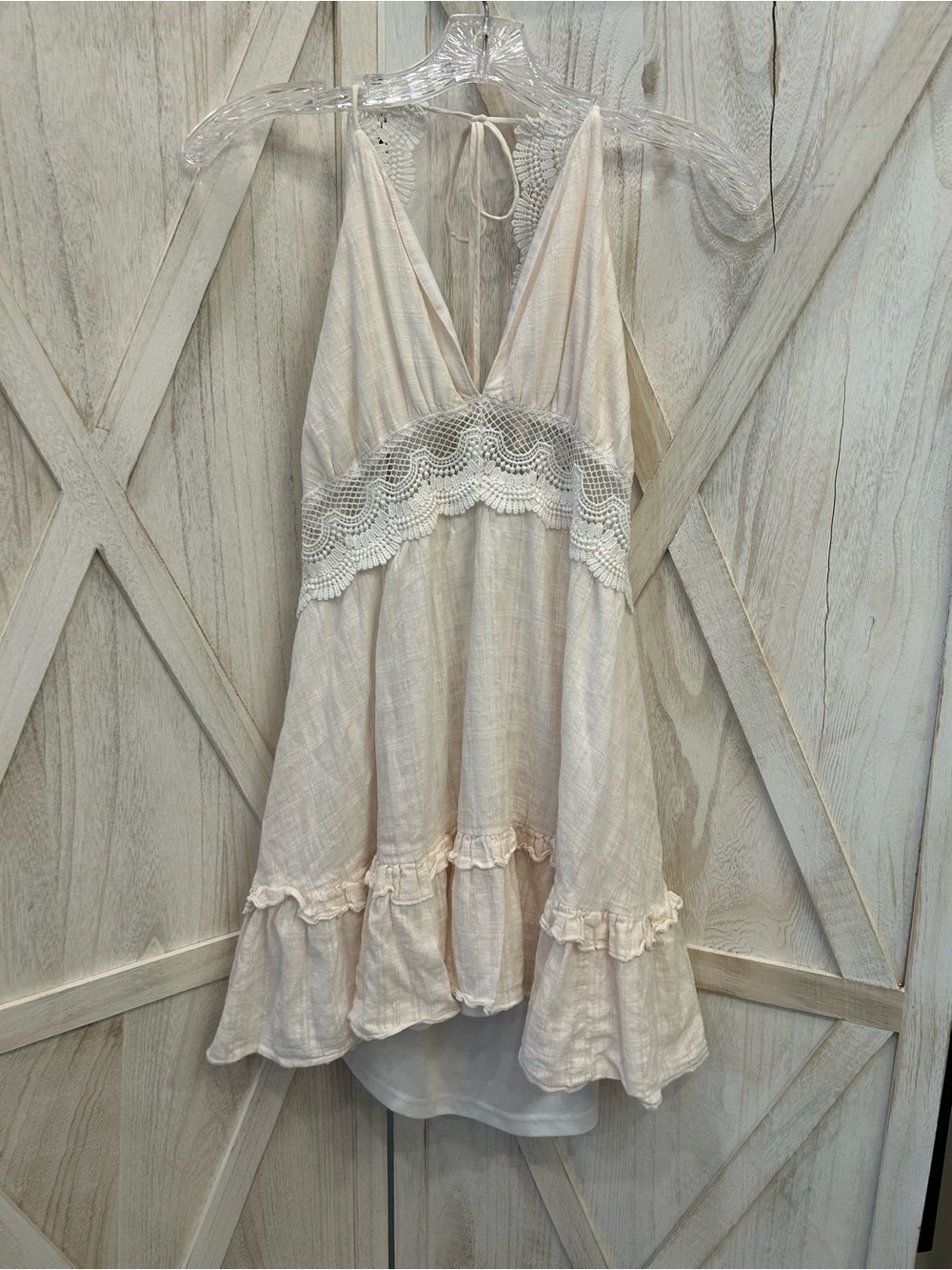 Aakaa Pink With White Lace Trim Halter Dress